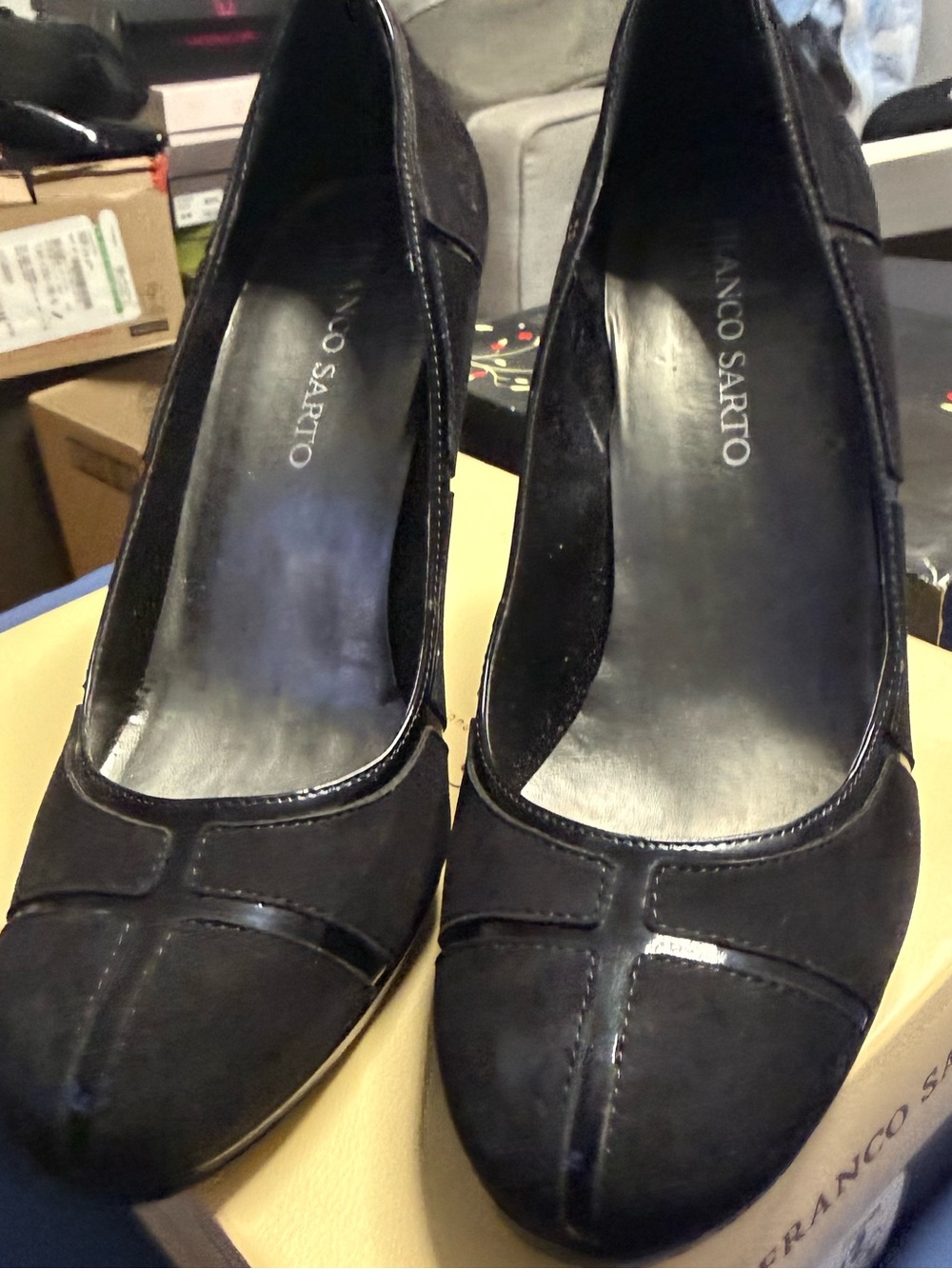 Franco Sarto Black Suede and Patent Pump
